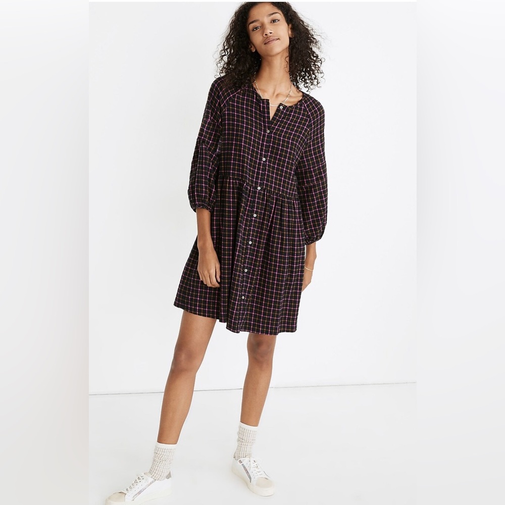 Madewell Plaid Flannel Raglan Button-Front Shirtdress